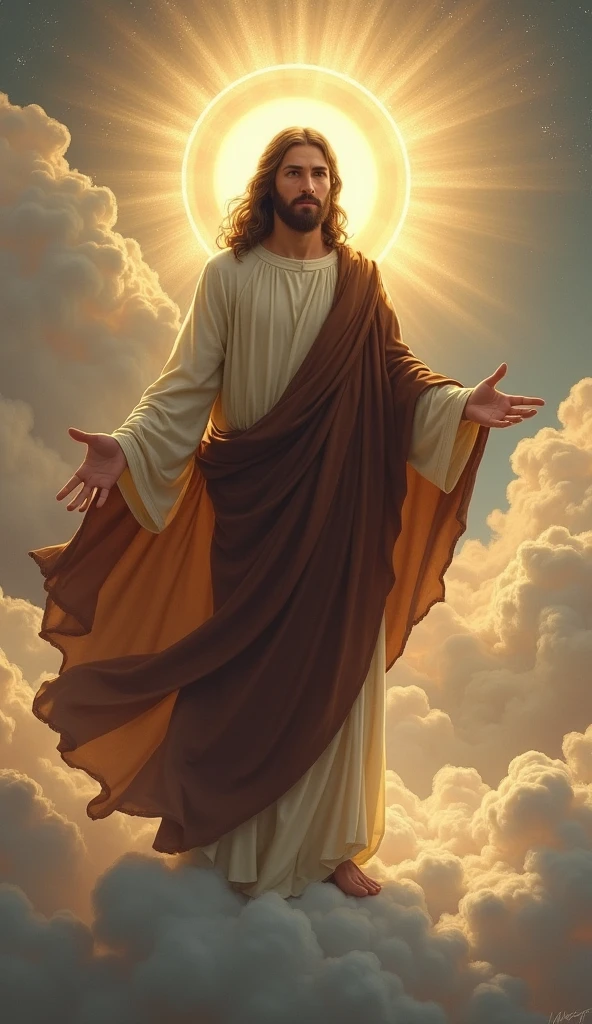 Jesus standing on a cloud with a halo around him, dark brown clothes, eyes looking straight ahead, god concept art, inspired by Christophe Vacher, wlop and rhads, Greg Olsen, Jon McNaughton, by Christophe Vacher, concept art | rhads, Marc Adams, Peter Mohrbacher Donato Giancola, the omnipotent, divine and ethereal young god