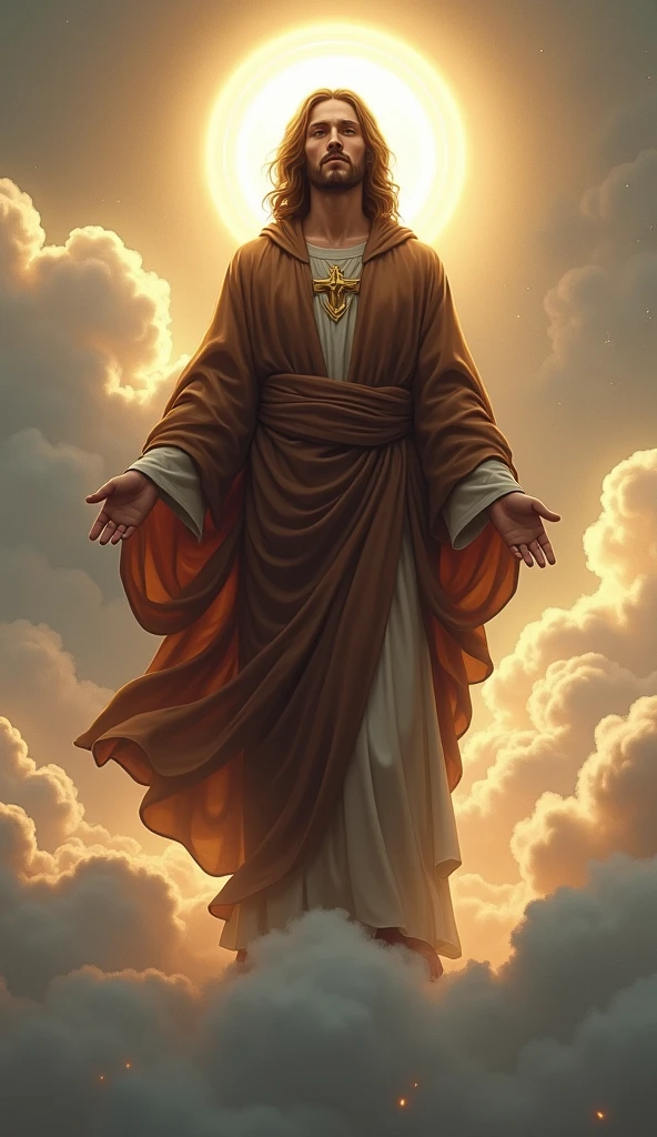 Jesus standing on a cloud with a halo around him, dark brown clothes, eyes looking straight ahead, god concept art, inspired by Christophe Vacher, wlop and rhads, Greg Olsen, Jon McNaughton, by Christophe Vacher, concept art | rhads, Marc Adams, Peter Mohrbacher Donato Giancola, the omnipotent, divine and ethereal young god