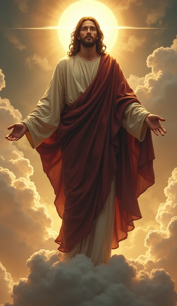 Jesus standing on a cloud with a halo around him, dark brown clothes, eyes looking straight ahead, god concept art, inspired by Christophe Vacher, wlop and rhads, Greg Olsen, Jon McNaughton, by Christophe Vacher, concept art | rhads, Marc Adams, Peter Mohrbacher Donato Giancola, the omnipotent, divine and ethereal young god