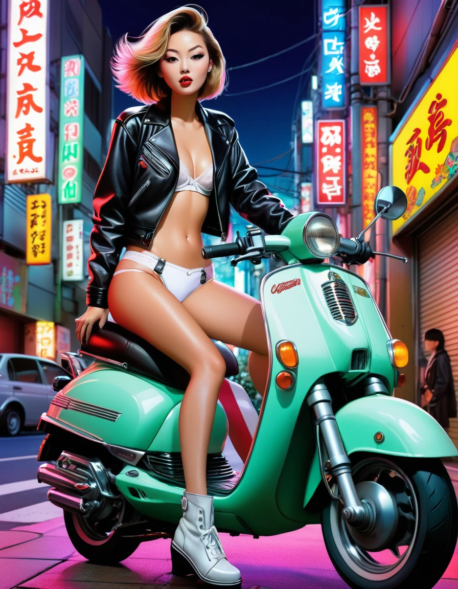 By Mitch O'Connell, by Chris Cooper aka Coop, Japanese girl on motor scooter, leather jacket, white panties, downtown Tokyo, at night, neon lights, smoking, poster style, comic book style, retro, bright colors, hard lines,
