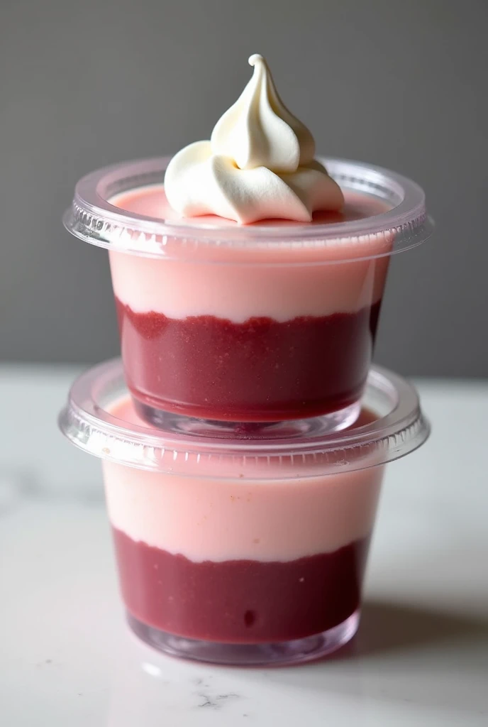 Clear plastic dessert container, It has two levels of guava cream inside., first layer is pink, second layer of burgundy color and white meringue decoration.