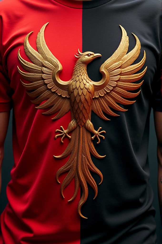 T-shirt divided by the red and black chest with a phoenix on the chest
