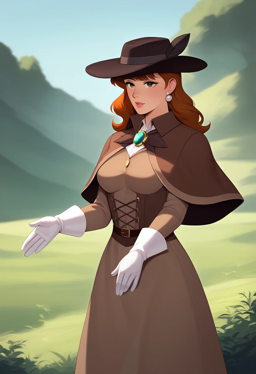 score_9, score_8_up, score_7_up, BREAK 1girl, solo,  IncrsPchDetective, breasts, long hair, bangs, deerstalker, detective, hat, white gloves, capelet, brown capelet, long sleeves, dress, brooch, jewelry, earrings, outdoors,