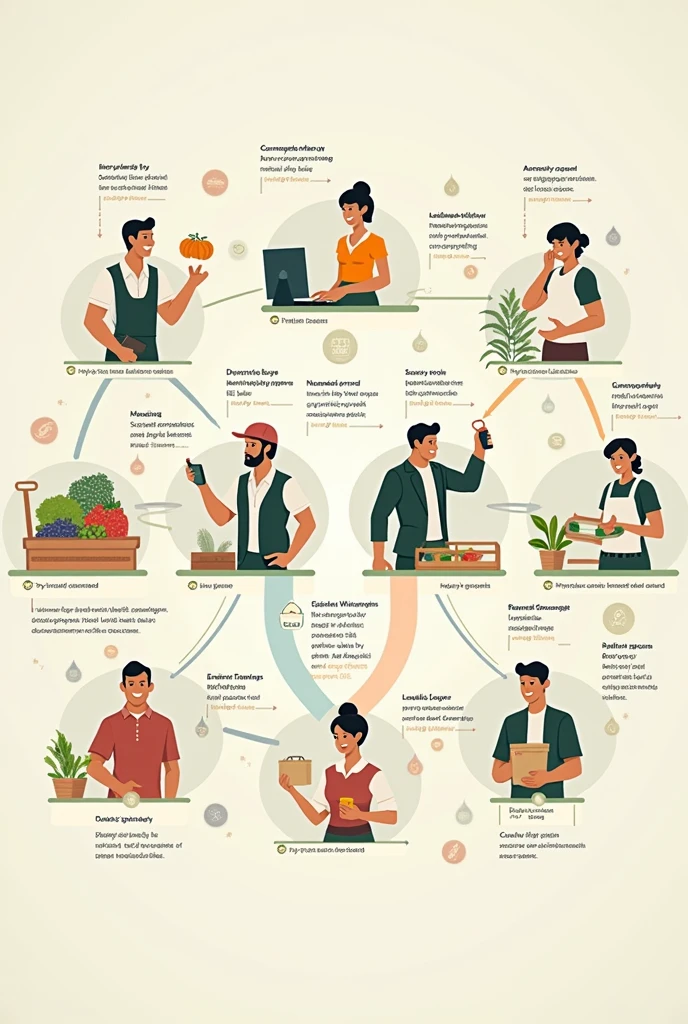 Make an image in which there are 7 persons the first one is a farmer, second one is a broker, third one is a buyer, fourth is an agent, fifth is a wholesaler, sixth one is a reailer and the seventh on is a customer. make the image in a diagram form