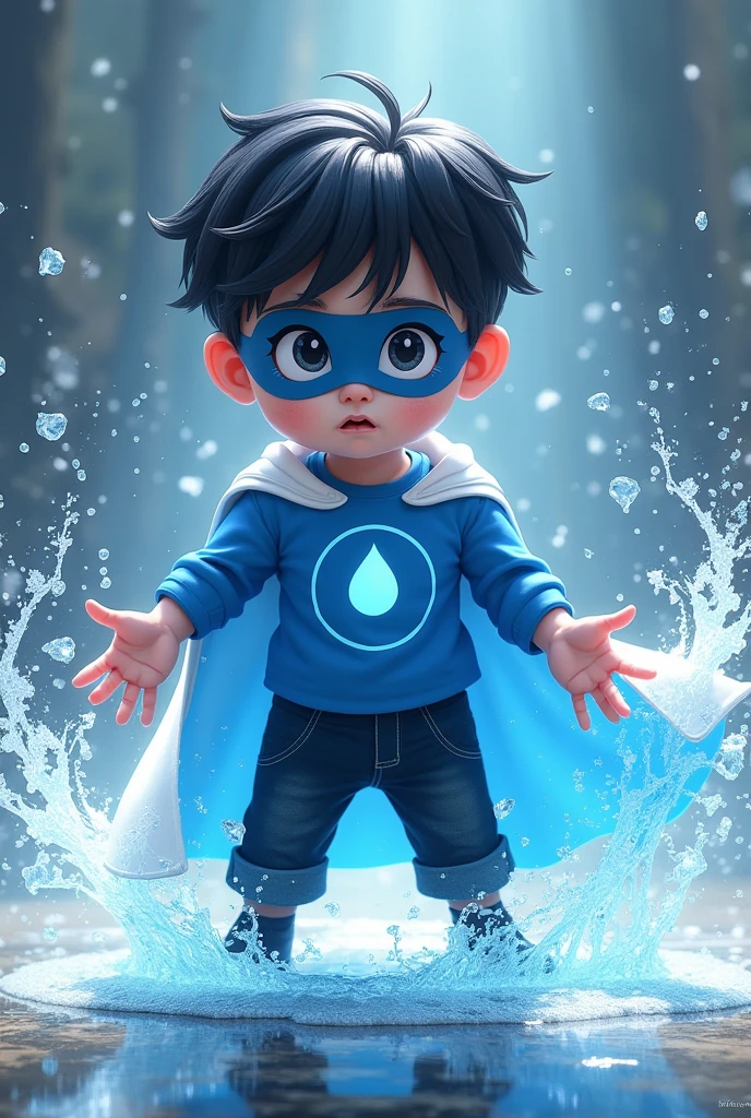 Create an image of a child with water powers, This child is 10 years old and is wearing a costume with a blue shirt with the symbol of a white drop in the middle., he wears a blue mask with white eyes, and also wears black pants with a white cape, this child has white skin and black hair, He is a little chubby and is 1 meter 50, he has short, coarse hair.