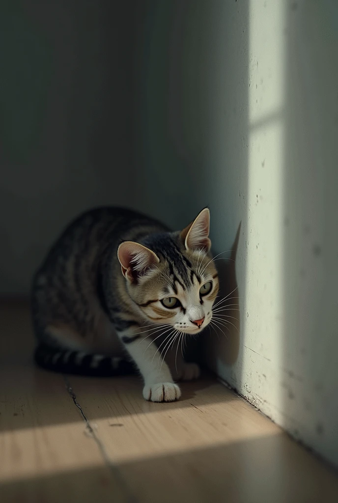 Cat is staying close to a wall just like a man hide and making himself hiding from someone