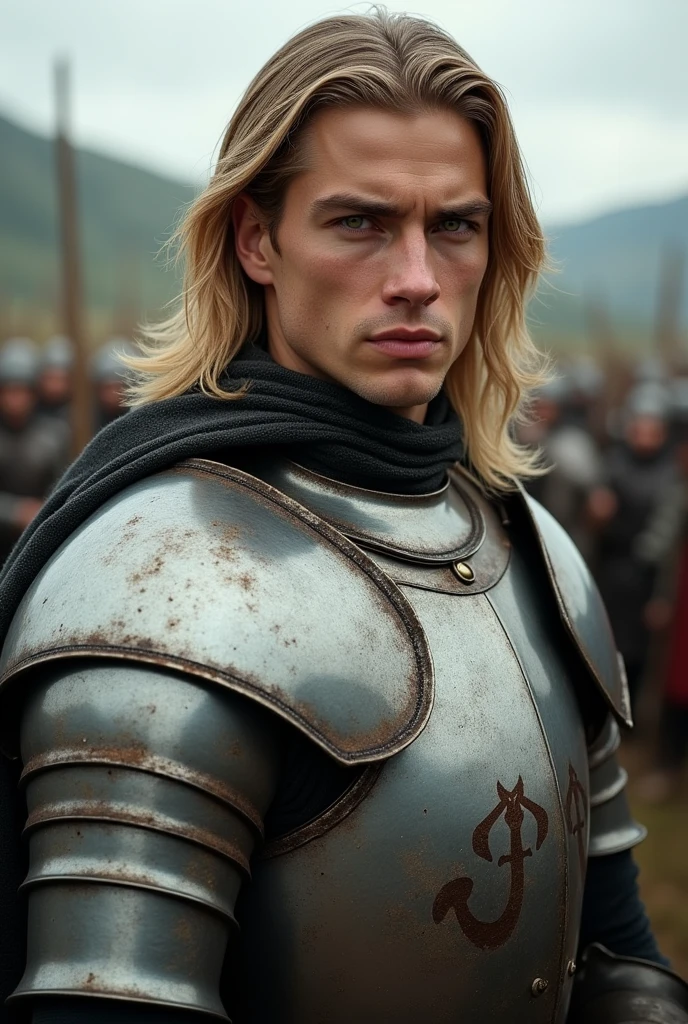Handsome Italian soldier, 22 years old, long blond hair and intense green eyes. Wearing medieval steel armor, with a melancholy expression