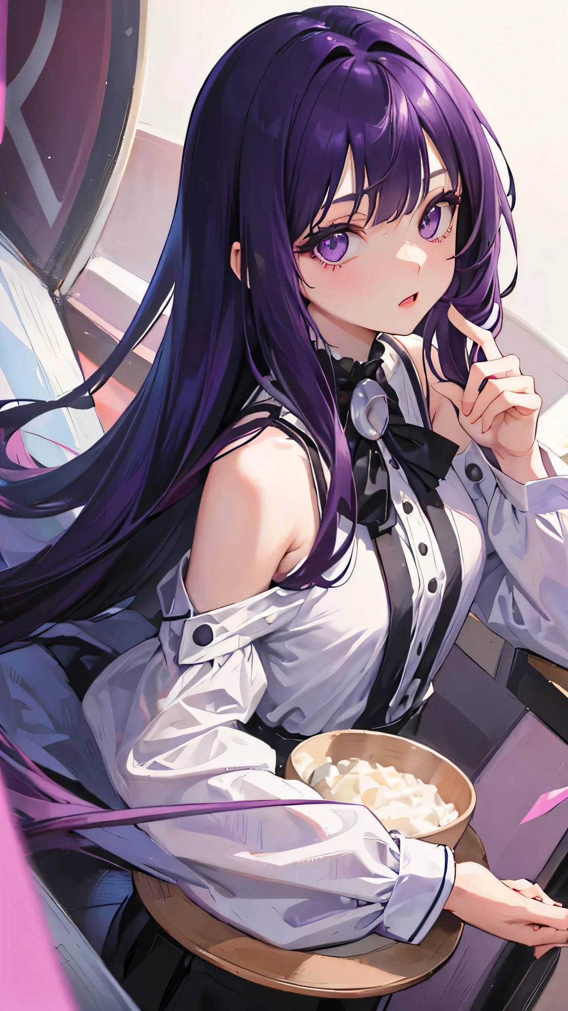 One person, solo, High resolution, Purple eyes, Purple Hair、Straight hair、Bob Hair、、Lady、Hime cut、Slanted Eyes, Heavy breathing, Hair that falls over the shoulders, Deco bangs, Bowl Cut, Illustration,