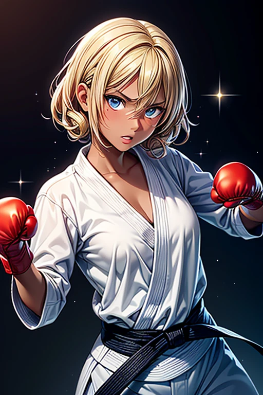 #Basic
A girl posing for a photo, (((One Girl))), (((Baby Face:1.4)) + ((cute:1.4)) + ((15 years old))),
break
#Clothing Accessories
((judo:1.5)) : Long sleeve + White shirt + Black Belt,
((Bandage your hand)),
break
#Features
((Blonde:1.2)) + ((Wild Bangs)) + ((very long transverse hair)) + ((short hair : Short Hair + Curly hair + Wild Hair:1.4 + Voluminous Hair + Braiding)),
((Droopy eyes:1.4, Big eyes:1.2), blue eyes), (Small breasts:1.2), (中立的な顔のFeatures), (Tanned dark skin:1.4),
break
#background environment
((Fighting Arena, Illuminated ring)),
#Facial Expression Pose
((Serious face, Glare, shout, Open your mouth:1.2)), ((punching, Punch as hard as you can at the camera)),
#composition
((Angle from the front:1.2, Cowboy Shot)),
break
#Body parts elements
(Slim figure),
(Symmetrical facial features),
(Detailed Hair, Beautiful Hair, Shiny Hair),
(double eyelid, Long eyelashes, Thin eyebrows:0.5, Thin eyebrows:0.5),
(Expression of fine eyes, Beautiful and delicate eyes, Sparkling eyes, Eye Reflexes, Glitter Eyeliner),
(Human Ear),
(Beautiful Nose, Thin Nose),
(Glossy Lips, Beautiful Lips, Thick lips),
(Textured skin, Detailed skin, Textured skin, Beautiful Skin, Oily skin),
break
#quality
(((最高quality)), ((masterpiece:1.3)), ((Very detailed))), ((Ultra-high resolution)), ((16K)), ((1080P)), ((Full HD)),
((Anatomically correct)), ((Realistic)), (3DCG), ((Oil painting)),
((comics, anime)), (CG illustration), (RAW Photos),