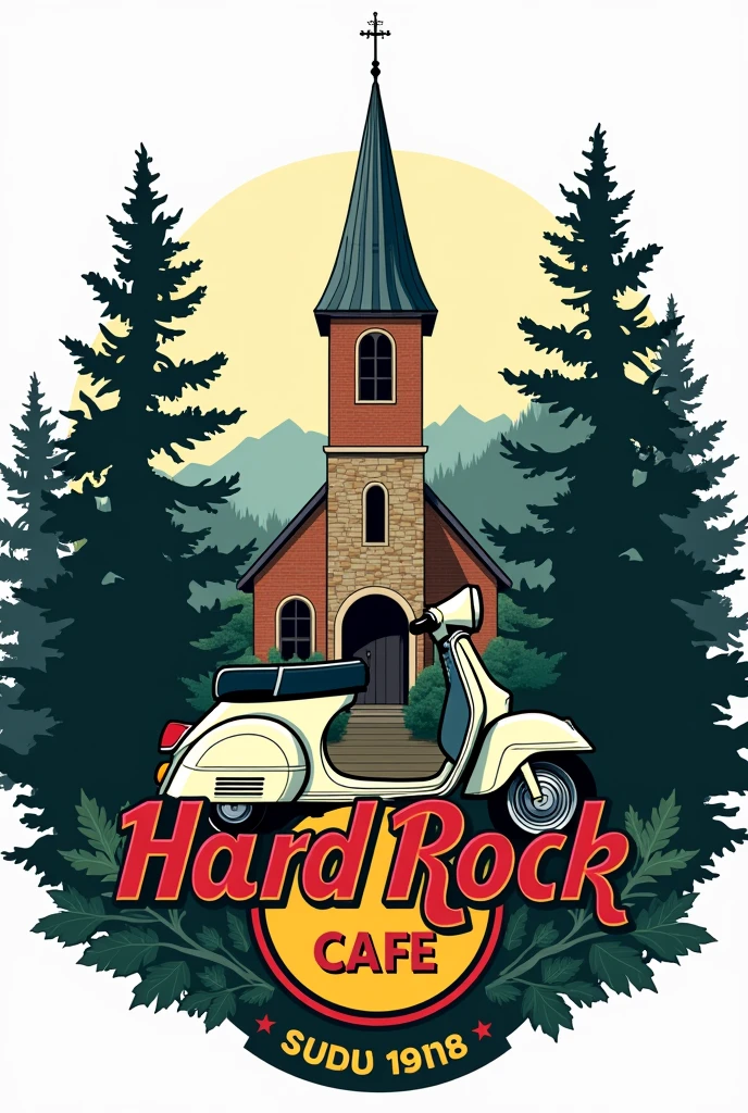 Create a Hard Rock Café Shirt Logo. The logo is said to be for a Hard Rock Café in Suhl in the Thuringian Forest. The logo should depict the Kreuzkirche in Suhl. In addition, a Simson moped is to be included in the logo as well as a few conifers.