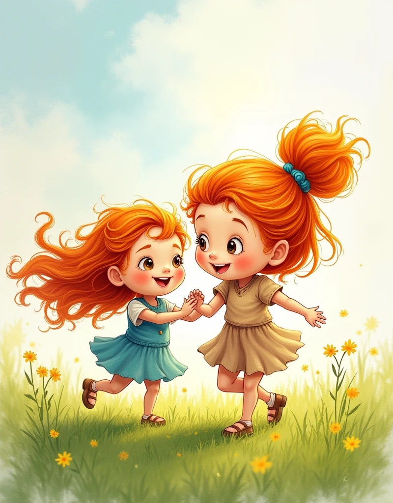 A pencil sketch drawing colourful of a mother and daughter with orange coloured hair .mother have hair bun tie up hair . and daughter have open hair blowing with wind playing in the fields with fast air blowing daughter hair. Both have big facial features , big eyes and big face .skin color is light skin .
Cartoonic image and create it a first page of the book add toand from options in image lighting should be light. Not bright