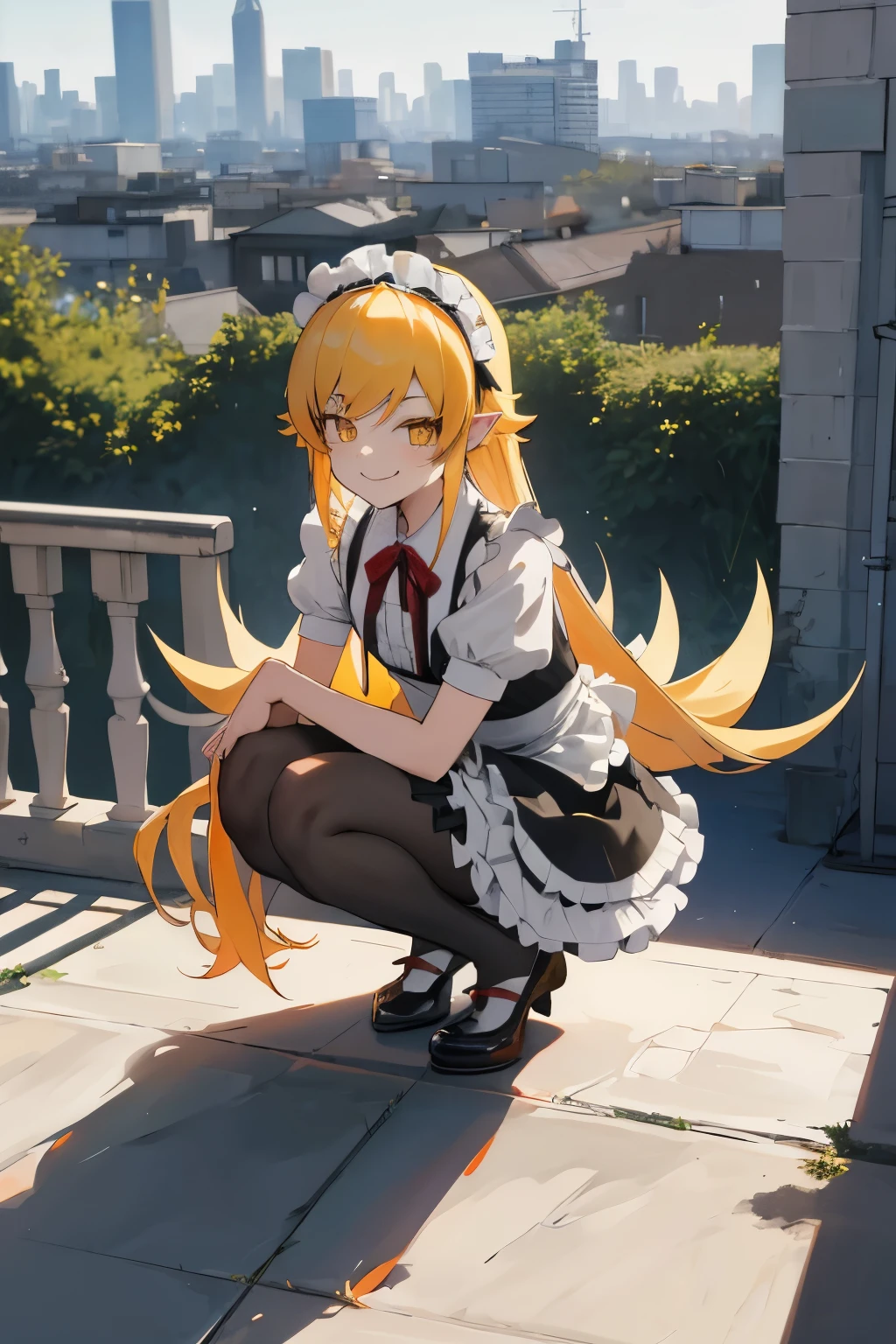 masterpiece, best quality, highres, aashinobu, aged down, long hair, pointy ears, maid headdress, mini-skirt maid, standing, lace stockings, black pumps, (squatting), full body, smile, fang, outdoors, city