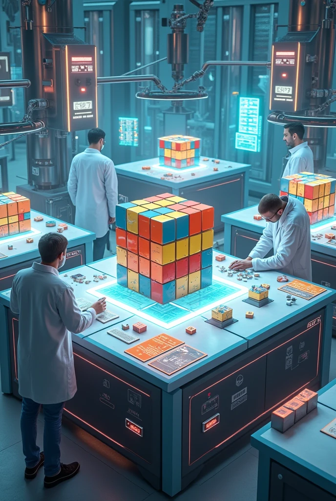 Making Rubik's cube in a lab. Creative. Imaginary. More cubes. Size 16:9.