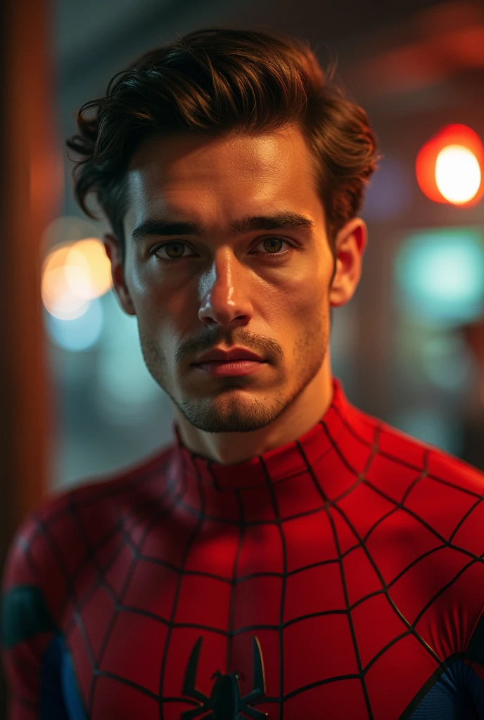 Une photographie de l&#39;Spider Man, no mask, the 20s, guapo, Detailed face, regarder la caméra, portrait, 8k uh, high quality