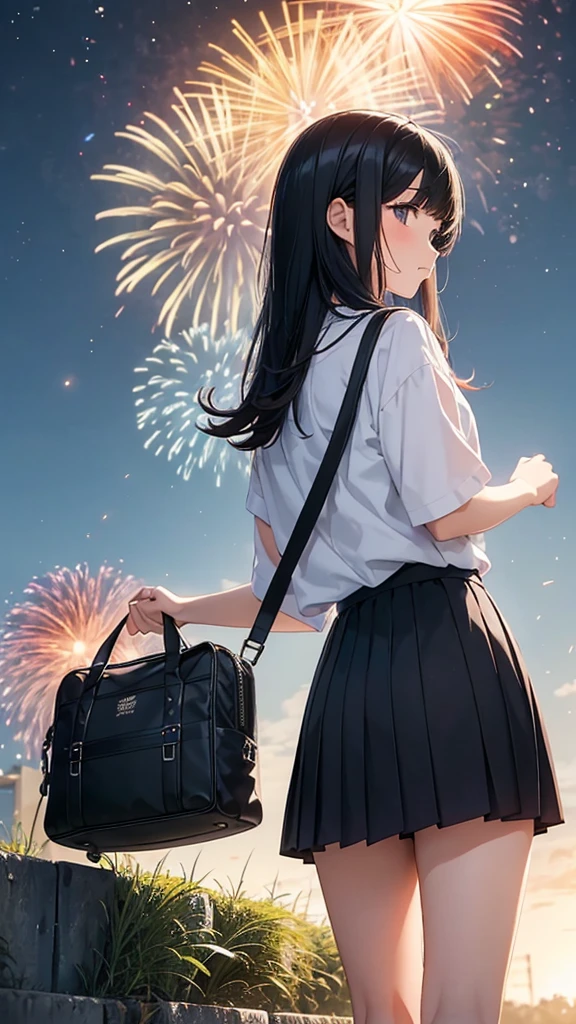 High school girl looking up at fireworks Black Hair countryside One person, anime Up to the waist School Bags