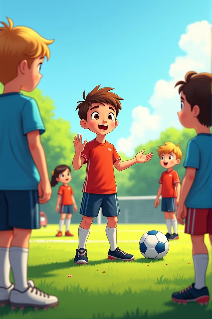 Illustration, 8 year old boy, speaking out loud, in a soccer field, wear sports clothes, Other 8-year-old children in sportswear are standing, listening to what he says
