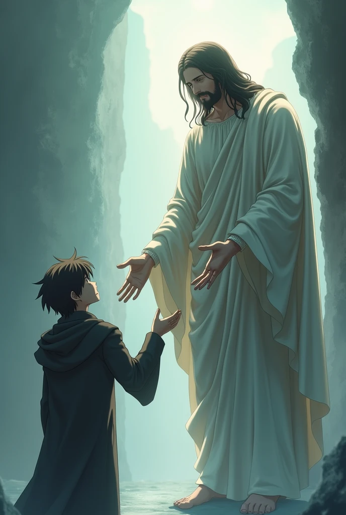 Rudeus greyrat from mushoku tensei giving his hand to Jesus Christ