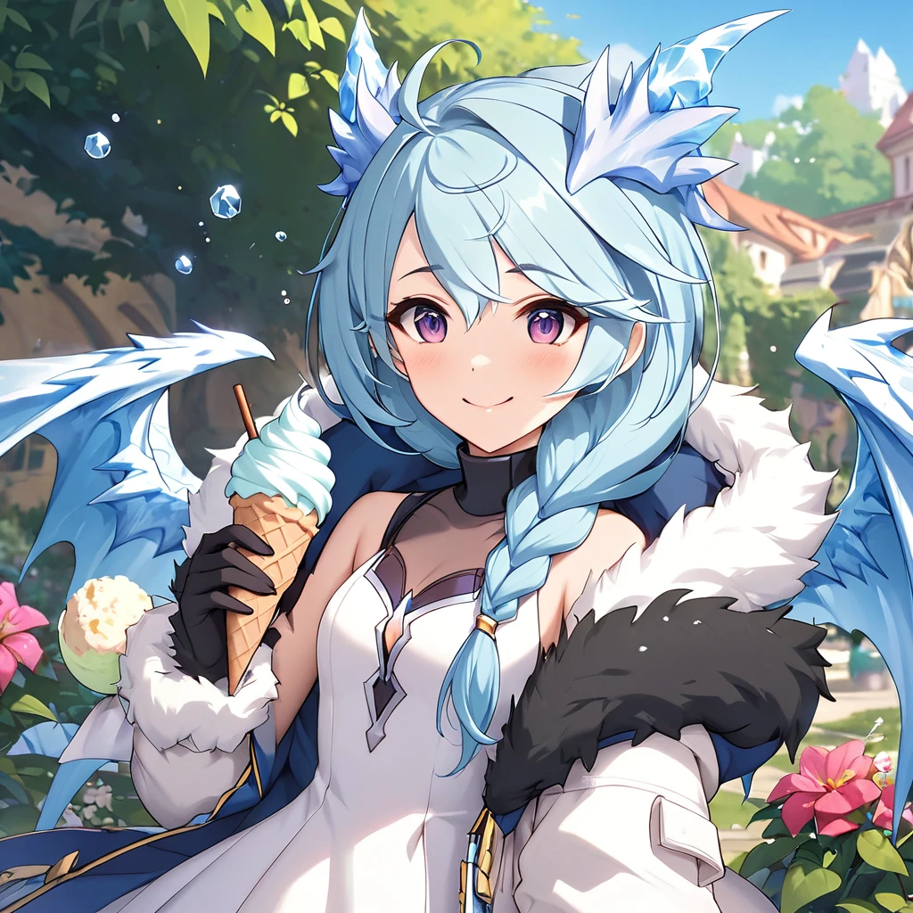 1 girl, Sheffy, princess connect!, Light blue long hair, braid, Purple Eyes, Ice dragon wings, Ice cube、fur-trimmed jacket, dress, fur-trimmed hood, fur-trimmed gloves, break masterpiece、Beautiful attention to detail:1.2, Perfect lighting, (perfect hand, perfect anatomy), Precise depiction、Vibrant colors, garden、smile、Eating ice cream