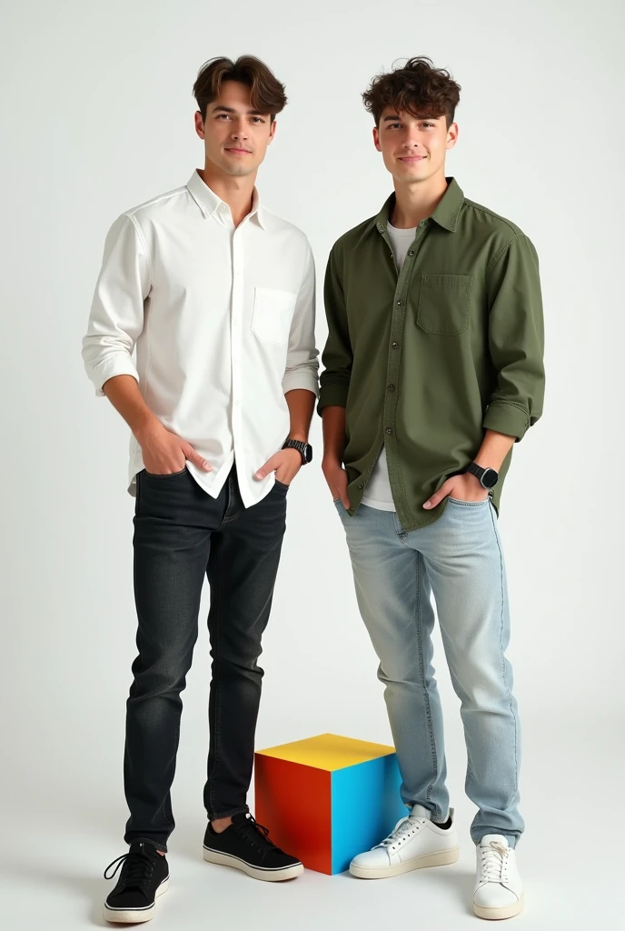 melhor qualidade:1.4), (ultra alta resolução:1.2), (Fotorrealista:1.4), (8K, Foto CRU:1.2), 2 homens de 25 anos na foto. São gêmeos. Um está de camisa branca calça jeans escura e tênis preto. O outro está com camisa verde calça jeans clara e tênis branco. Eles tem cabelo curto castanho escuro. Olhos castanhos. Estão ao lado de cubos colorido. Estão num estúdio de fotografia com fundo branco