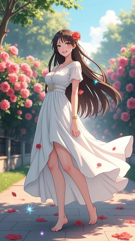 (masterpiece、Highest quality、8k、High resolution)、(One female、Beautiful Face、Beautiful eyes、Beautiful lips、Beautiful nose)、smile、The white upper teeth are faintly visible、Brown-black hair、(The best girl in anime)、garden、blue sky、Colorful flowers are blooming、Vibrant colors、Red roses are beautiful、(Body、whole bodyから神秘的な光の粒子、Colorful light particles、A mysterious light glowing around the head)、melt、jewelry、necklace、dress、(whole body)、Highly detailed anime art、A complete portrayal、