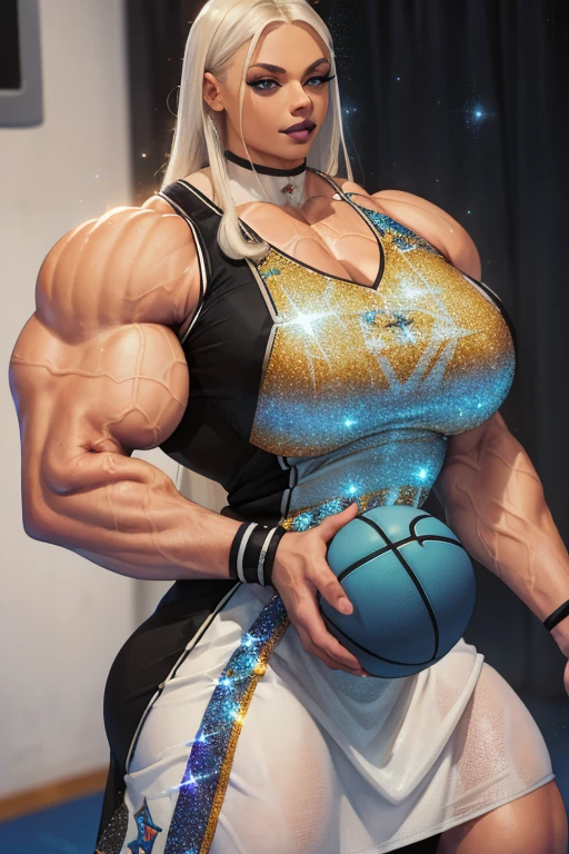 (Close-up), tall, (White hair) beautiful muscular woman, long straight hair, brown skinned, (closed smile), large breast, (black lipstick), (massive muscles), (hyper muscle), (ginormous bulky muscles), blue eyes, (((sparkly white basketball jersey dress))), white bracelets, choker, sneakers, (in a dormitory) at night, 