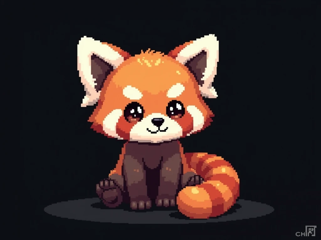 Pixel art, 16-bit style, 256x256, limited color palette, cute, small, red panda, far away, sitting pose, looking directly at the viewer, playful expression, fluffy tail curled around its body, big ears, dark brown eyes, black nose, solid black background. (Generate a 16-bit style pixel art image of a cute, small red panda sitting in a playful pose. The red panda should be far away, giving the impression of being in the distance. It should be looking directly at the viewer with a playful expression. Its fluffy tail should be curled around its body. The red panda should have big ears, dark brown eyes, and a black nose. The image should be 256x256 pixels and use a limited color palette. The background should be completely solid black.)