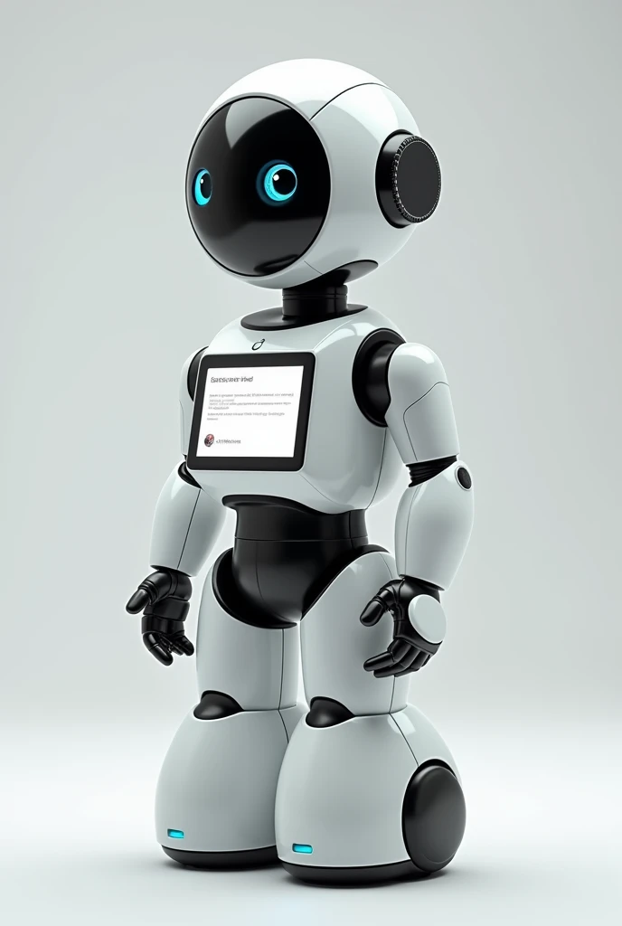 Cute and friendly Service robot that can put something inside its body with no legs, tall and have transparent display . Mostly white colour. And slightly black