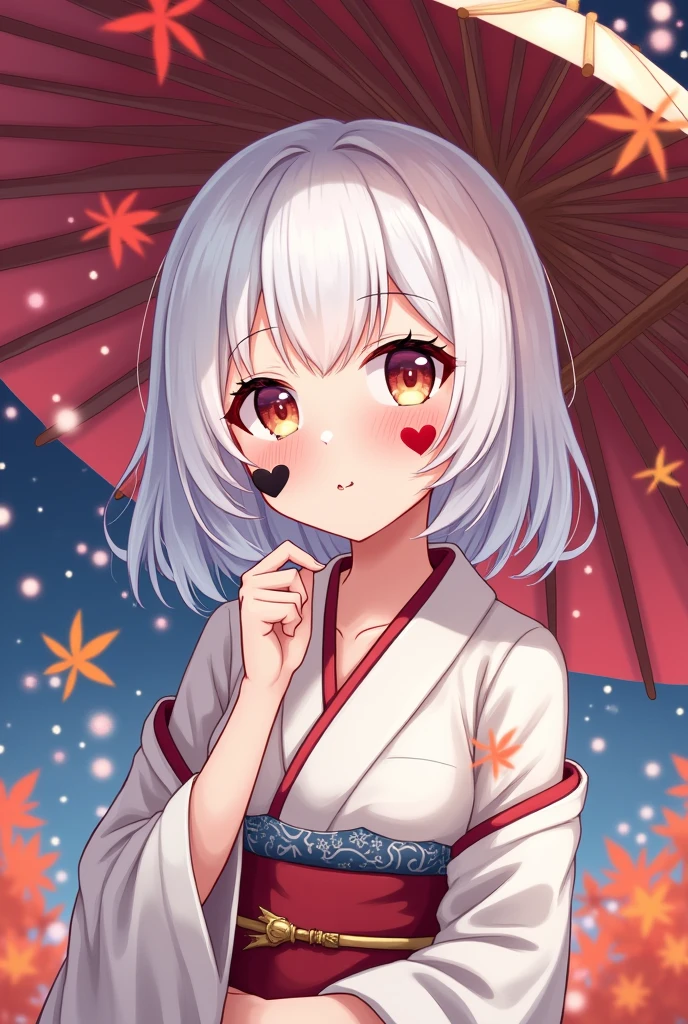 Anime illustration icon, cute white hair, older sister, red and black heart sticker on right cheek, black heart sticker is smaller than red heart sticker, upper right, kimono, Japanese umbrella background, autumn leaves, lots of fireworks, night