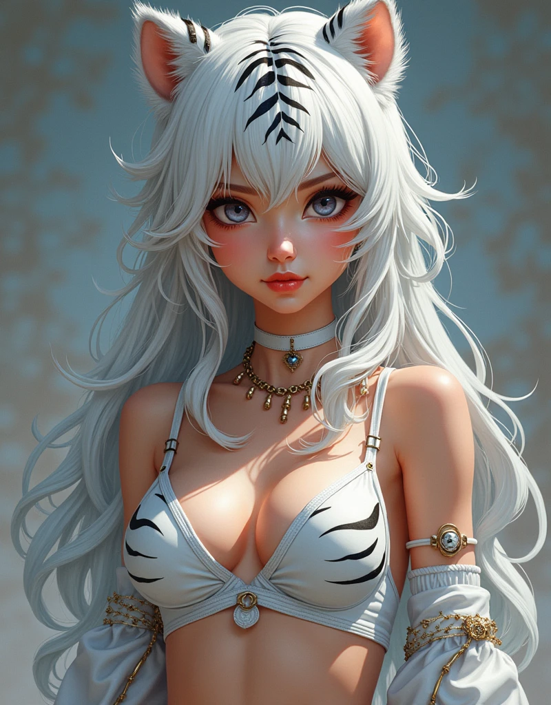 “Vector t-shirt design, featuring a beautiful age girl with a ‘tigergirl’ theme. She has silver-white hair resembling tiger stripes and is dressed in a white tiger-inspired outfit with intricate details and tiger-themed accessories. The girl has extremely detailed eyes and face, with long eyelashes, beautiful detailed lips, and soft skin. Her pose is sexy and confident, showcasing a strong and fit body with a proud and graceful stance. The image should be photorealistic, with a sharp focus on her expressive eyes, delicate facial features, and detailed hands. Use studio lighting, HDR, and UHD techniques to enhance the vivid colors and create a bokeh effect in the background. The overall composition should be dynamic, with a rich color palette and romantic lighting that adds emotional depth. The painting style should be exquisite, with meticulous brushwork that captures the dreamlike atmosphere and surreal elements, making it a masterpiece in 4K and 8K resolution.”