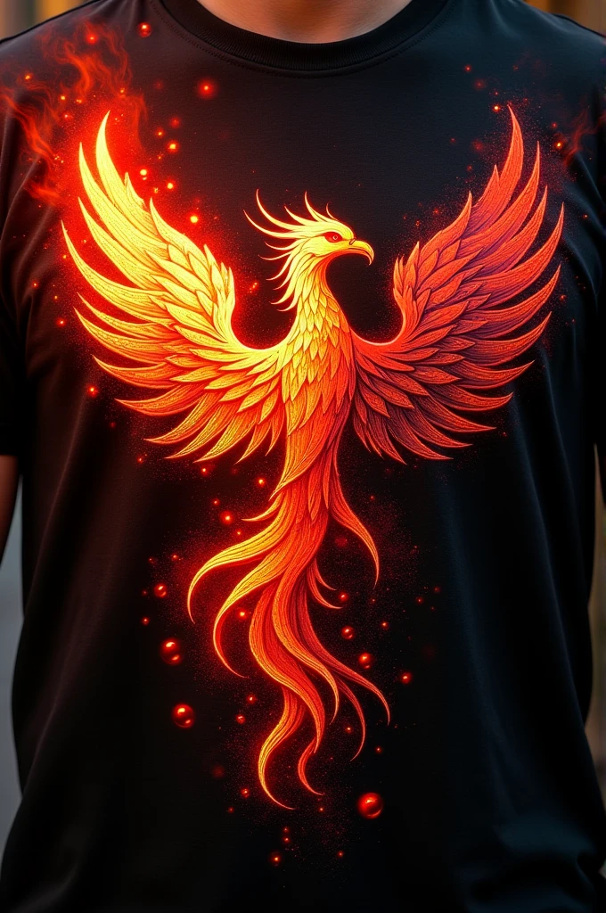 T-shirt divided by the red and black chest with a phoenix on the chest with fire