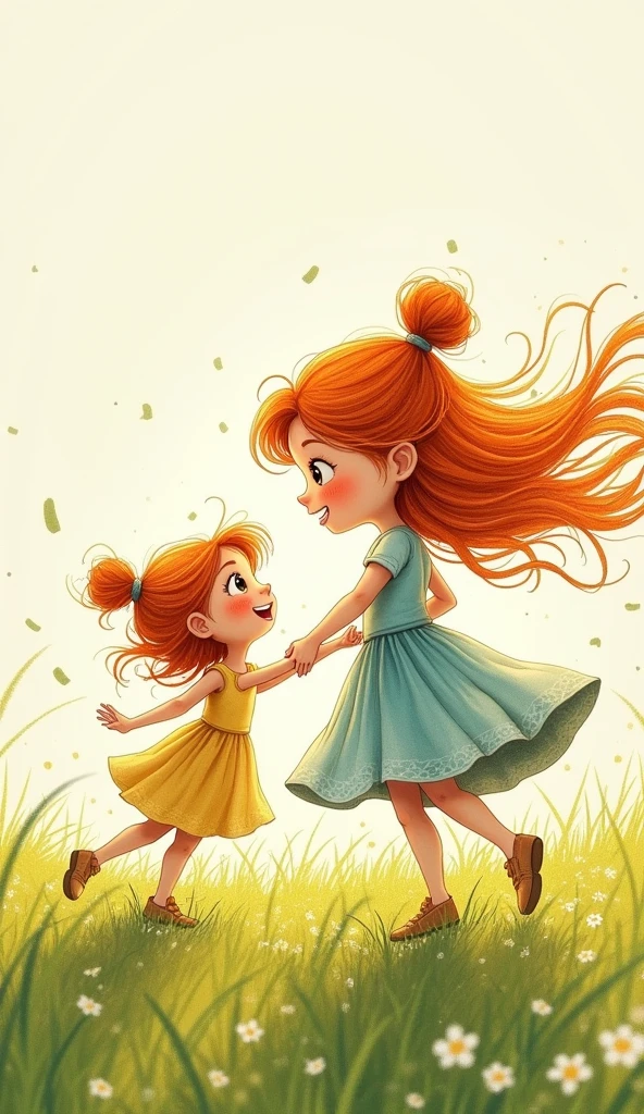 A pencil sketch drawing colourful of a mother and daughter with orange coloured hair .mother have hair bun tie up hair . and daughter have open hair blowing with wind playing in the fields with fast air blowing daughter hair. Both have big facial features , big eyes and big face .skin color is light skin .
Cartoonic image and create it a first page of the book add toand from options in image lighting should be light. Not bright