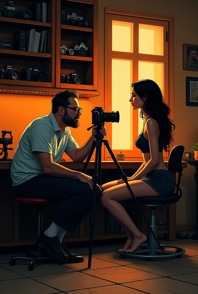 There is a 40-year-old photographer,Photographing a beautiful woman,Photographer with short beard, short hair, (slightly overweight), wear glasses, Sit at the bar,Directing a model,, In his studio, With tripod,Using the Camera, There are many cameras in the cabinet,Popular on Art Station, Play Techno House Music, Music playing, listen to music, Milton Caniff (Milton Caniff) Beautiful illustrations, Duotone, Two colors, Black and Orange, , , ink, masterpiece