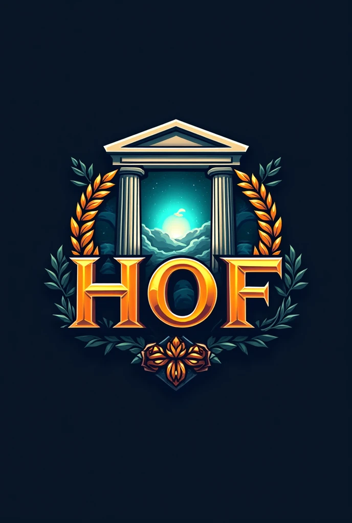 I want a logo for my gaming clan, that refers to a hall of fame that says hall of fame in English, can lead to Gods of Greek mythology, The logo must have the initials “HOF” don’t forget that it’s important, The previous logo you made me was very realistic, I want it to be for my gaming clan, that is not very realistic and that leads to some Greek god , that refers to a hall of fame, that the image is of high quality 