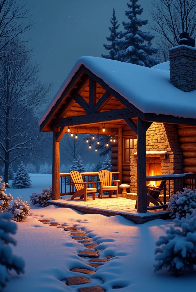 snowy covered porch with chairs and fireplace in winter setting, snowfall at night, outside in snow snowing, winter setting, cozy setting, cozy and peaceful atmosphere, snowy night, light snowfall, cozy place, atmospheric cold lighting, cozy atmospheric, warm beautiful scene, winter night, perfect lighting in a snow storm, cozy wallpaper, snowing outside, cozy home background, cozy and calm