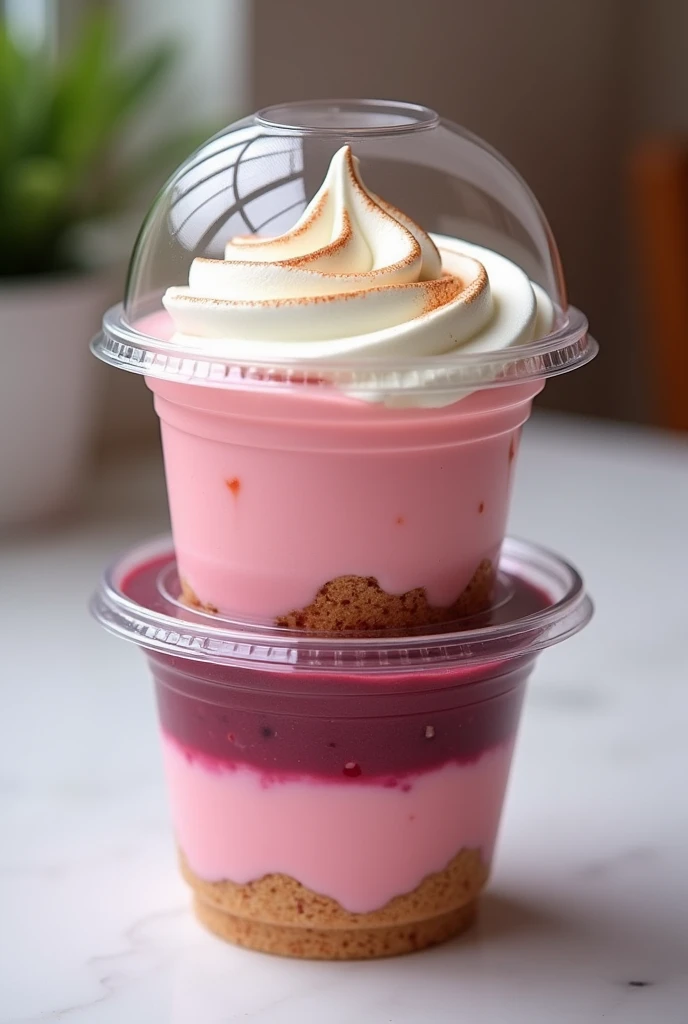 Clear plastic dessert container, It has two levels of guava cream inside., first layer is pink, second layer of burgundy color and white meringue decoration.