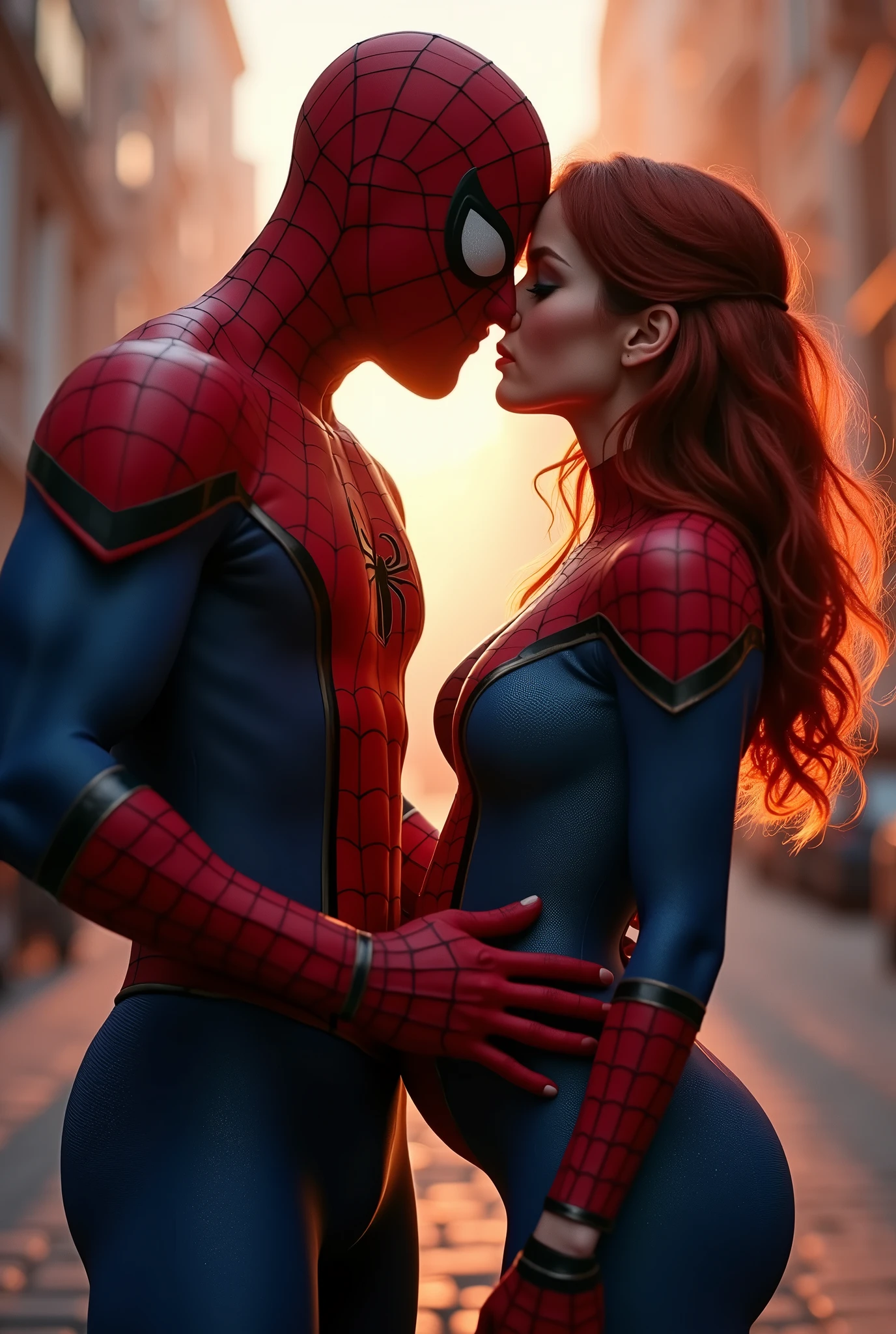 Spiderman is inserting his fingers in Mary Jane Watson’s vagina under her skirt, he is fingering her, she is in ecstasy, 