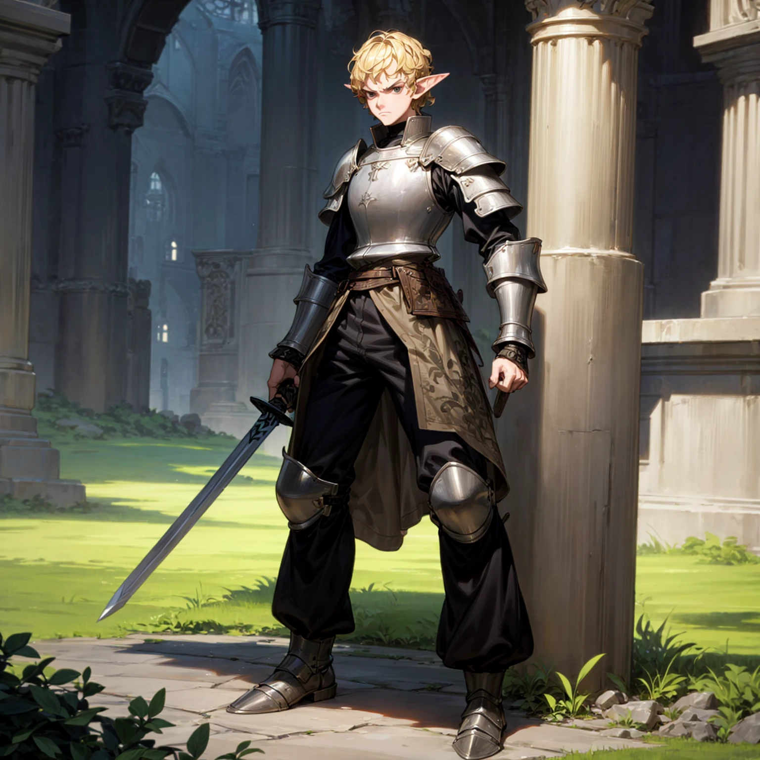 Solo character, full body version, man, tall height, (elf), black eyes, blonde color hair, Curly haircut, soldier knight clothing, heavy armored, long pants, boots, outdoor, town, medieval, standing gesture, detailed background, detailed clothing, detailed hair, (one piece style art), sword in hand, angry eyes