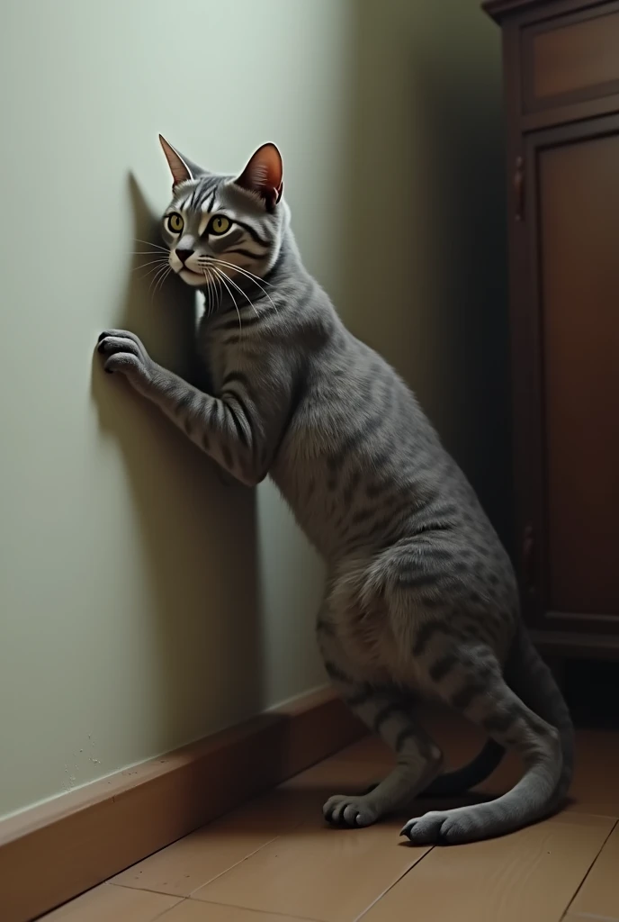 Cat is standing in two legs
close to a wall just like a man hide and making himself hiding from someone