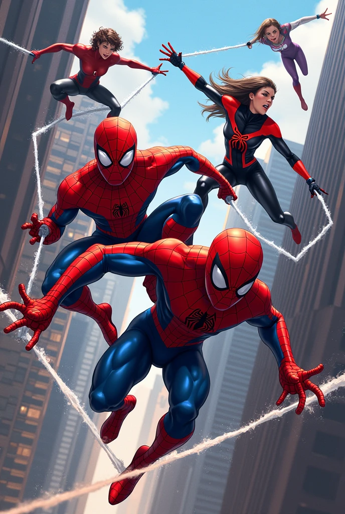 2 male spiderman and 3 female spiderman