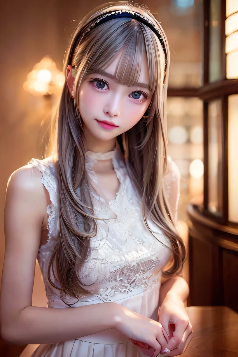 1 girl,スーツ, レディススーツ, ビジネス, オフィス, silver straight hair, blonde, medium long hair, headband Lace with white ribbon, she is AYA MIYABI, 22 years old, Bishojo, looking at viewer, she is famous Japanese idol, kawaii, (mascara), eyeliner, almond eye, natural eyebrows, thin lips, Natural color lip, extremely detailed skin, fair skin, smile, cute, realistic face, slender face, beautiful skin, flat chest, clavicle, slender body, Forehead, delicate thighs, skinny legs, lean legs, Best quality, (8k, RAW photo, best quality, childish face, masterpiece:1.2), ultra-detailed, (realistic, photo realistic:1.37), high detail RAW color photo, an extremely delicate and beautiful, extremely detailed(Selfie:1.1), finely detail,