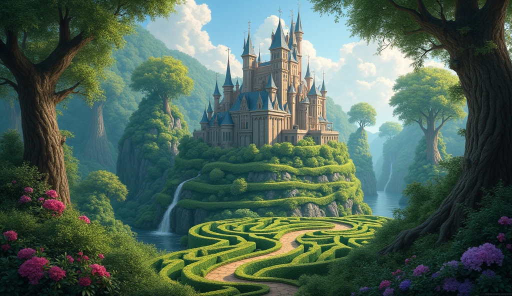 In the heart of a fantastical maze, a wondrous world unfolds: a lush forest surrounds a majestic castle, its towering spires reaching towards the sky. This mesmerizing painting captures every intricate detail of the intricate landscape, from the tangled greenery of the maze to the stone walls of the castle. The vibrant colors and rich textures bring a sense of magic and wonder to this enchanting scene, transporting viewers to a realm of imagination and adventure.