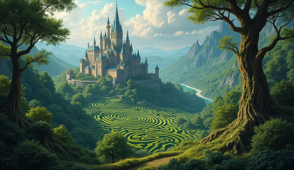 In the heart of a fantastical maze, a wondrous world unfolds: a lush forest surrounds a majestic castle, its towering spires reaching towards the sky. This mesmerizing painting captures every intricate detail of the intricate landscape, from the tangled greenery of the maze to the stone walls of the castle. The vibrant colors and rich textures bring a sense of magic and wonder to this enchanting scene, transporting viewers to a realm of imagination and adventure.