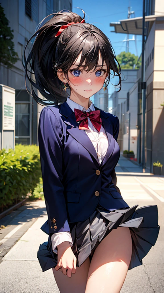 (masterpiece:1.2, Highest quality), (Realistic, photoRealistic:1.4), Beautiful illustrations, (Natural Side Lighting, Cinema Lighting), ,
(View your viewers), 1 person, Japanese, high school girl, Perfect Face, Cute and symmetrical face, Glowing Skin, ,
(Mid-length hair, Raised ponytail, Black Hair), Hair between the eyes, blue eyes, (Middle chest, Captivating thighs, Big Ass), Earrings,
Beautiful Hair, Beautiful Face, Beautiful attention to detail, Beautiful clavicle, Beautiful body, Beautiful breasts, Beautiful thighs, Beautiful feet,
(((Navy Blazer, Close Blazer), White collared shirt with long sleeves, Grey pleated mini skirt)), Red bow tie, ,
(Beautiful views), Daytime, garden, (Look forward), (Annoyed expression, Blushing, Embarrassed expression), (((Pulling on skirt, Wind power increase))),