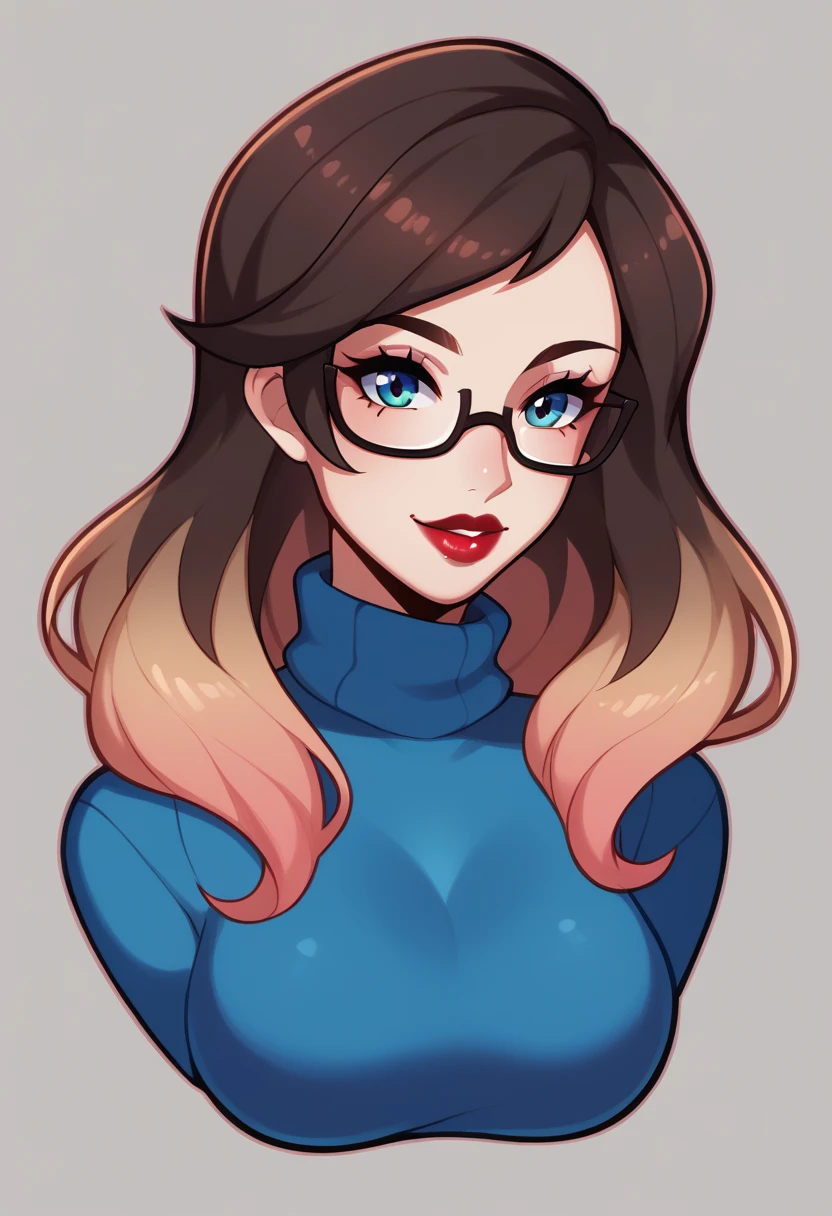 score_9, score_8_up, score_7_up, BREAK 1girl, solo, breasts, gwentd, two-tone hair, lipstick, turtleneck sweater, glasses, looking at viewer, portrait,