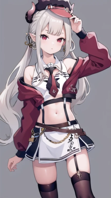 masterpiece,best quality,high resolution,hmnac, horn, hat, midriff, white shirt, crop top, off shoulder, black necktie, long sleeves, sleeveless, black skirt, black thighhighs, thigh strap, red jacket, suspenders