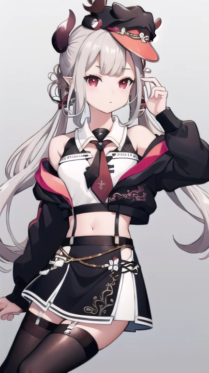 masterpiece,best quality,high resolution,hmnac, horn, hat, midriff, white shirt, crop top, off shoulder, black necktie, long sleeves, sleeveless, black skirt, black thighhighs, thigh strap, red jacket, suspenders