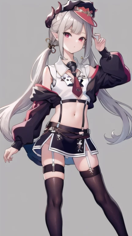 masterpiece,best quality,high resolution,hmnac, horn, hat, midriff, white shirt, crop top, off shoulder, black necktie, long sleeves, sleeveless, black skirt, black thighhighs, thigh strap, red jacket, suspenders