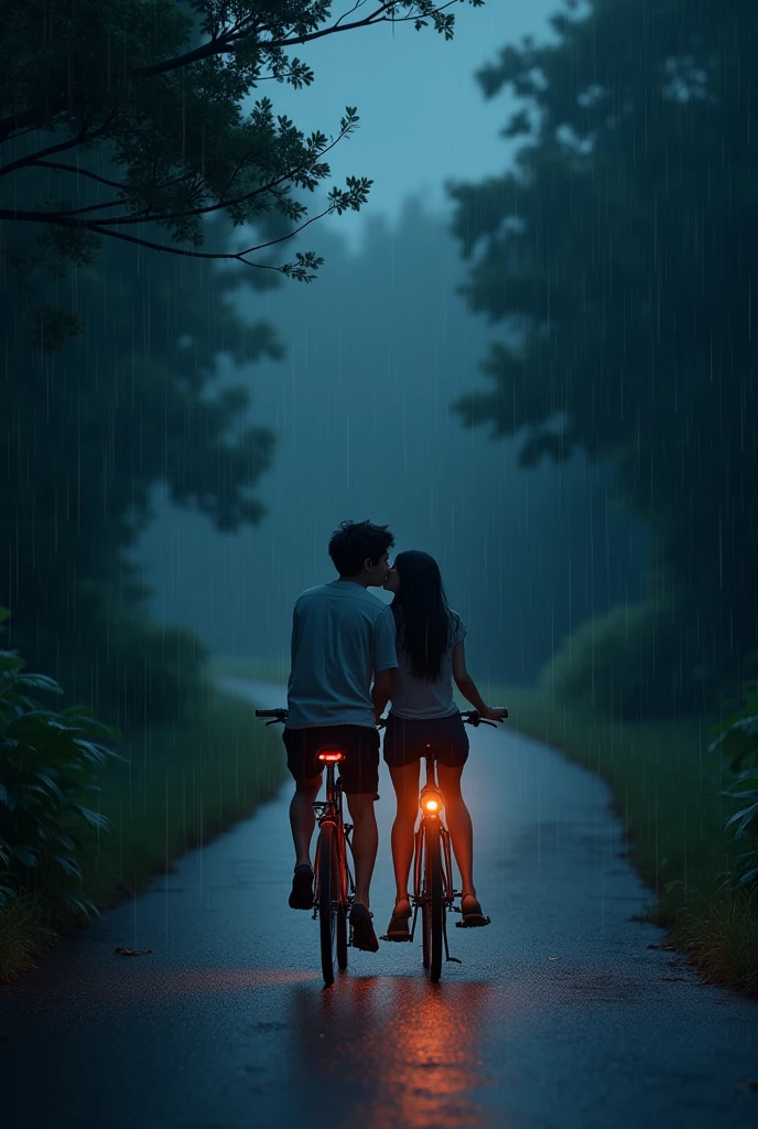 A boy and girl metting in a dark night in the road with their cycles and it's raining and they were kissing