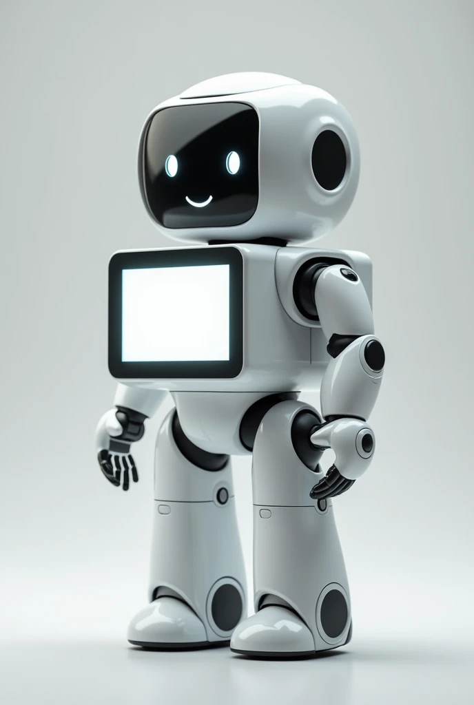 Cute and friendly Service robot that can put something inside its square body with no legs, tall and have transparent display . Mostly white colour. And slightly black