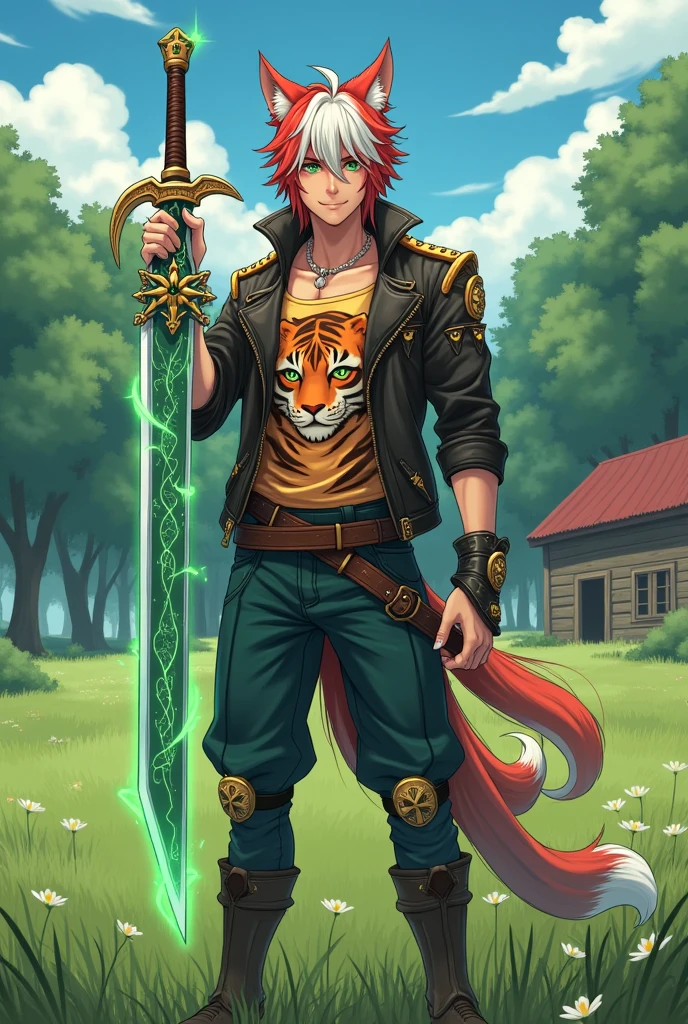 create a male anime character with cat ears semi human face, long and full red and white mixed hair, greeneyes,elf pointy ears, hands with long nails wearing a tank top with a tiger print, and a leather jacket with needle-like ornaments on the shoulders, anime style pants full of pockets in blue and green, using a broad sword in the shape of a half moon with energy surrounding it shining in emerald green with 3 fox tails living in an open field with a forest in the background and a small house nearby, the whole sword in the full body image in the image